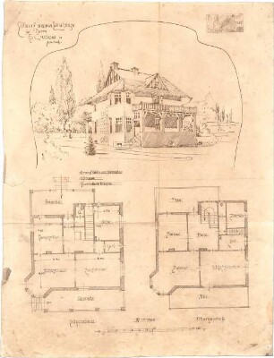 Metzendorf, Heinrich; Auerbach; Landhaus für Herrn Granow - Grundriss EG, Grundriss OG, Perspektive