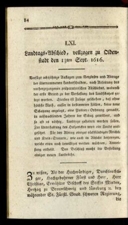 LXI. Landtags-Abschied, vollzogen zu Oldenstadt den 13ten Sept. 1616.
