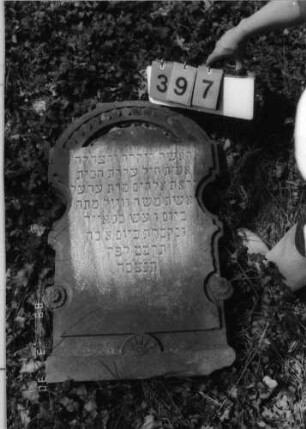 Grabstein 397 (Index: 99792068) Material: Sandstein Zustand: gut, Stele liegend Maße HxBxT: 83x49x16 cm Beschreibung: eingeschnürte Stele, Segmentbogenabschluß Symbolik: Blüten, Scheibenfries: Grabstein 397