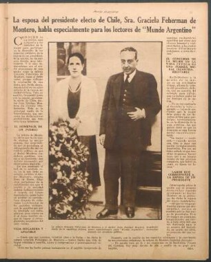 La esposa del presidente electo de Chile, Sra. Graciela Feherman de Montero, habla especialmente para los lectores de "Mundo Argentino"