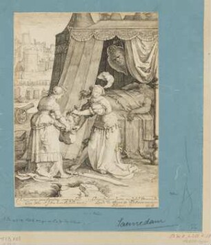 Judith steckt den Kopf des Holofernes in einen Sack