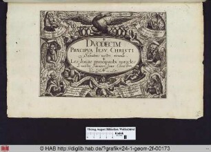 Kartusche mit Inschrift, umgeben von Evangelistensymbolen, Propheten und Schriftbändern.