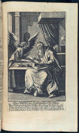 Das Bildnis deß Evangelisten Marci. Kupferstich nach Seite 58 (Neues Testament) aus: Biblia, Das ist Die gantze Schrifft, Altes vnd [und] Newes Testaments Teutsch D. Martin Luthers : von etlichen reinen Theologen, dem eigentlichen Wortverstand nach erkläret .... ... Bericht von der Vergleichung der Jüdischen vnd [und] Biblischen Monden, Maß, Gewicht vnd [und] Müntz mit den Vnserigen [Unserigen] : ... Beschreibung der Stadt Jerusalem ... Landtafeln ... Bericht von der Augspurgischen Confession sambt den Artickeln der Confession selbsten, wie sie in dem rechten Original, som im Jahr 1530. Kaiser Carl dem Fünfften überantwort worden ... . Nürnberg : Endter, 1652 [erschienen] 1653 Dresden: SLUB Mscr.Dresd.g.30.m