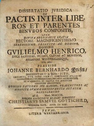 Dissertatio Jvridica De Pactis Inter Liberos Et Parentes Binvbos Compositis