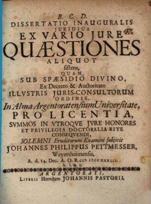 Diss. inaug. ... ex vario iure quaestiones aliquot sistens
