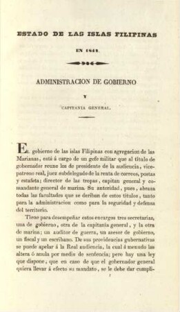 Estado de las islas Filipinas en 1842. Administracion de gobierno y capitania general