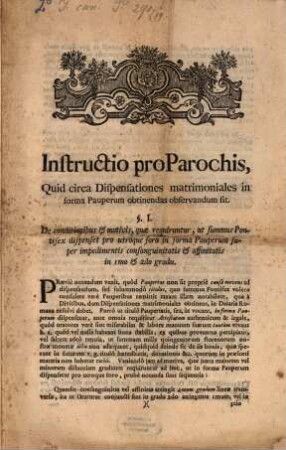Instructio pro Parochis, Quid circa Dispensationes matrimoniales in forma Pauperum obtinendas observandum sit