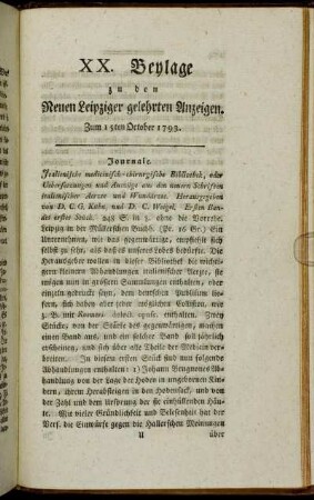 XX. Beylage zu den Neuen Leipziger gelehrten Anzeigen. Zum 15ten October 1793.