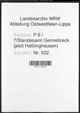 Sterberegister Standesamt Gennebreck