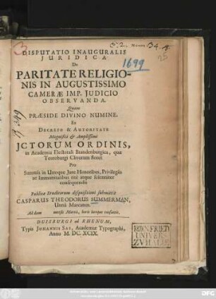 Disputatio Inauguralis Iuridica De Paritate Religionis In Augustissimo Camerae Imp. Iudicio Observanda