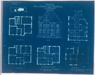 Pfarrhaus zu St. Barbara, Dortmund-Dorstfeld: Grundrisse von Keller, Erd-, Ober- und Dachgeschoss, Vorderansicht und Querschnitt 1:100