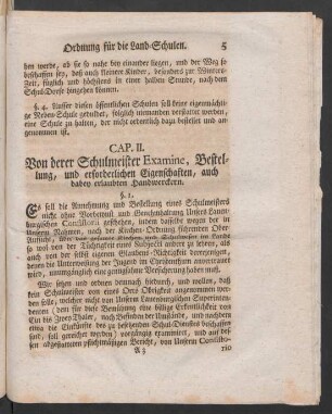 Cap. II. Von derer Schulmeister Examine, Bestellung, und erforderlichen Eigenschaften, auch dabey erlaubten Handwerckern