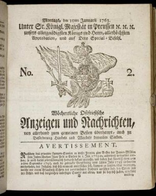 No. 2. Montags, den 10ten Januarii 1763.