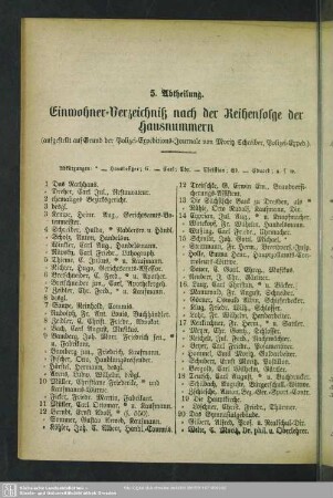 5. Abtheilung. Häuserbuch : 5. Abtheilung. Einwohner- Verzeichniß nach der Reihenfolge der Hausnummern