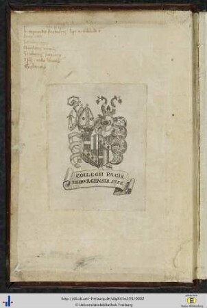 [Vorderer Spiegel] Exlibris des Collegium Pacis Friburgensis von 1756.