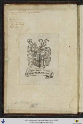 [Vorderer Spiegel] Exlibris des Collegium Pacis Friburgensis von 1756.