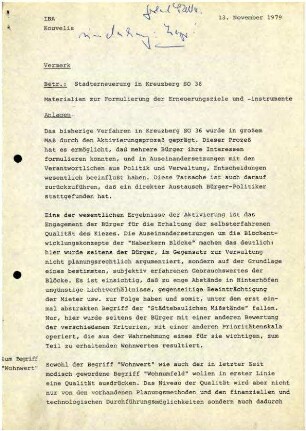 Vermerk, Materialien: Ziele der Stadterneuerung in Kreuzberg SO 36