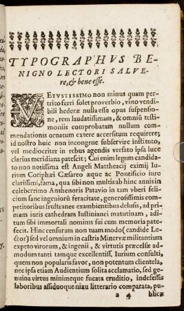 Typographus Benigno Lectori Salvere, & bene esse.
