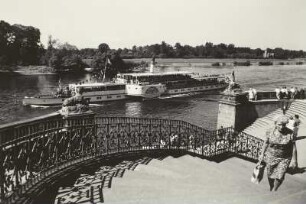 Dresden-Pillnitz. Schloss, Wasserpalais. Freitreppe zur Elbe mit Personen-Seitenraddampfer "Weltfrieden" (1886, Werft Blasewitz")