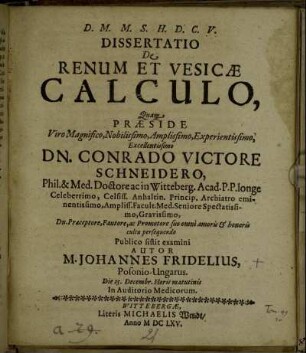 Dissertatio De Renum Et Vesicae Calculo
