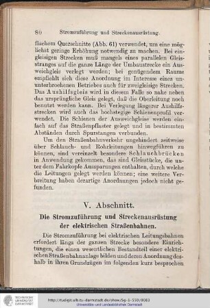V. Abschnitt. Die Stromzuführung und Streckenausrüstung der elektrischen Straßenbahnen