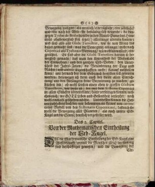 Das 2. Capitel. Von der Mathematischen Eintheilung der Erd-Kugel.