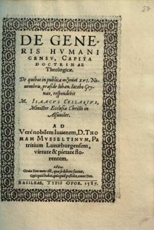 De Generis Hvmani Censv, Capita Doctrinae Theologicae