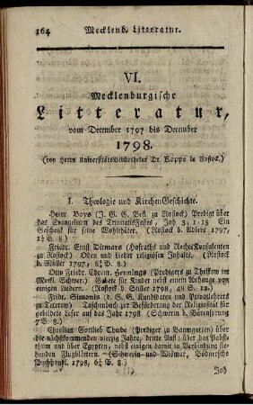 VI. Mecklenburgische Litteratur, vom December 1797 bis December 1798