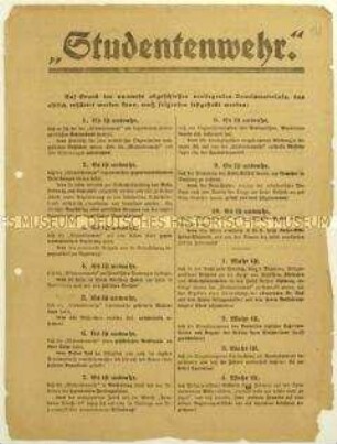 Protestflugblatt der Berliner Studentenwehr gegen die Verhaftung ihrer Mitglieder im Zuge der Revolution 1918
