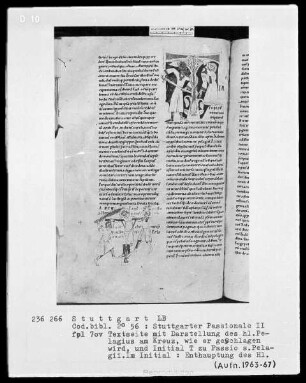 Stuttgarter Passionale — Heilige der pars aestiva (zweiter Band) — Textseite mit zwei Illustrationen, Folio 70verso