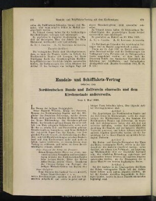 Handels- und Schifffahrts-Vertrag zwischen dem Norddeutschen Bunde und Zollverein einerseits und dem Kirchenstaate andererseits : vom 8. Mai 1868
