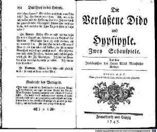 Die Verlaßene Dido und Hypsipyle : Zwey Schauspiele