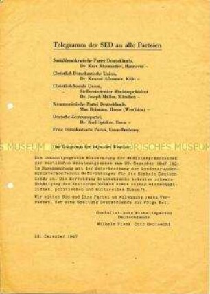 Flugblatt mit dem Text eines Telegramms der SED an alle Parteien zur Frage der deutschen Einheit