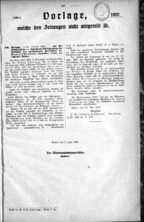 Anlage: (436.), Vorlagen, welche den Zeitungen nicht mitgeteilt sind, 2. Juni 1922