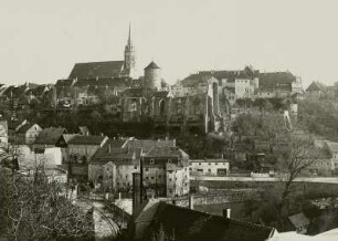 Bautzen, Blick auf die Stadt mit Nikolaibastei und Dom St. Petri