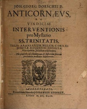 Anticornaeus : h.e. interventionis pro Mysterio SS. Trinitatis