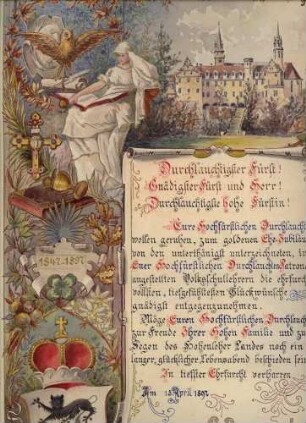 Glückwunschadresse zur Goldenen Hochzeit des Fürsten Hugo zu Hohenlohe-Oehringen, Herzog von Ujest, und seiner Gemahlin Pauline, geb. Fürstenberg, von den Patronatsvolksschullehrern.