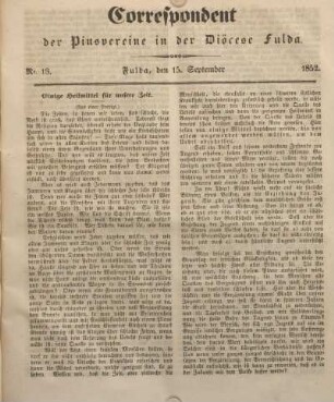 Nr. 18. Fulda, den 15. September 1852.