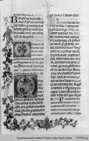 Missale Romanum : Textseite mit belebter, floraler Randseitenbordüre, zwei ornamentierten und einer historisierten Initiale D (?): Geburt Mariens?