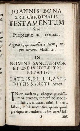 In Nomine Sanctissimæ Et Individuæ Trinitatis.