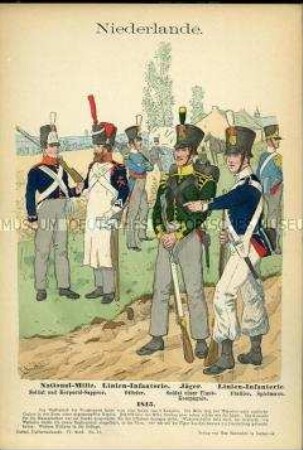 Uniformdarstellung, Soldat und Korporal-Sappeur der National-Miliz, Offizier, Füsilier und Spielmann der Linien-Infanterie, Soldat einer Flank-Kompanie des Jäger-Regiments, Vereinigtes Königreich der Niederlande, 1815.