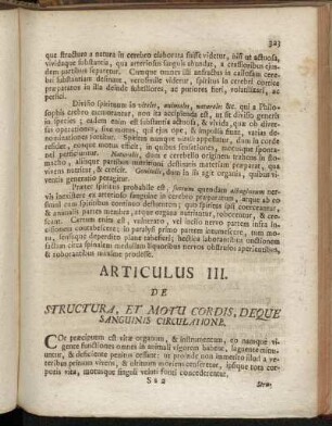Articulus III. De Structura, Et Motu Cordis, Deque Sanguinis Circulatione.