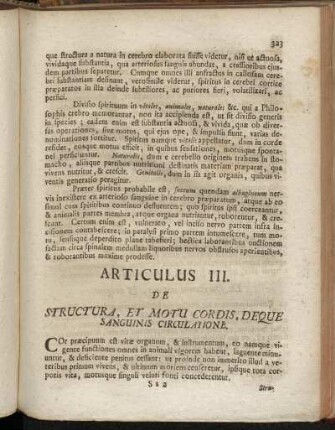 Articulus III. De Structura, Et Motu Cordis, Deque Sanguinis Circulatione.