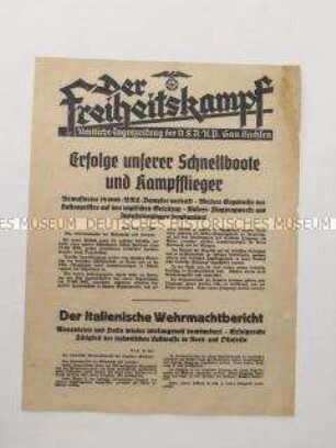 Nachrichtenblatt der sächsischen NSDAP-Zeitung "Der Freiheitskampf" über den deutschen Bombenagriff auf englische und schottische Industrieanlagen