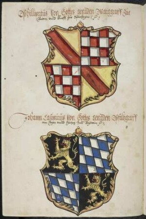 Wappen der Teilnehmer: Philipp Markgraf von Baden, Herzog Johannes Casimir Pfalzgraf