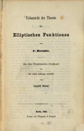 Übersicht der Theorie der Elliptischen Funktionen