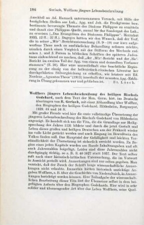 186-187 [Rezension] Gerlach, B., Wolfhers jüngere Lebensbeschreibung des heiligen Bischofs Godehard
