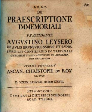 De praescriptione immemoriali, disp.