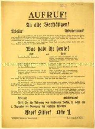 Programmatischer Wahlaufruf der Nationalsozialisten an die Arbeiter und Arbeiterinnen zur Unterstützung Adolf Hitlers bei der Reichstagswahl