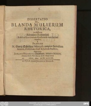 Dissertatio De Blanda Mulierum Rhetorica